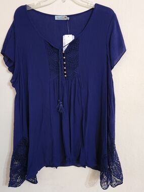 Unity World Wear Royal Blue Crochet-Trim Tassel Tunic